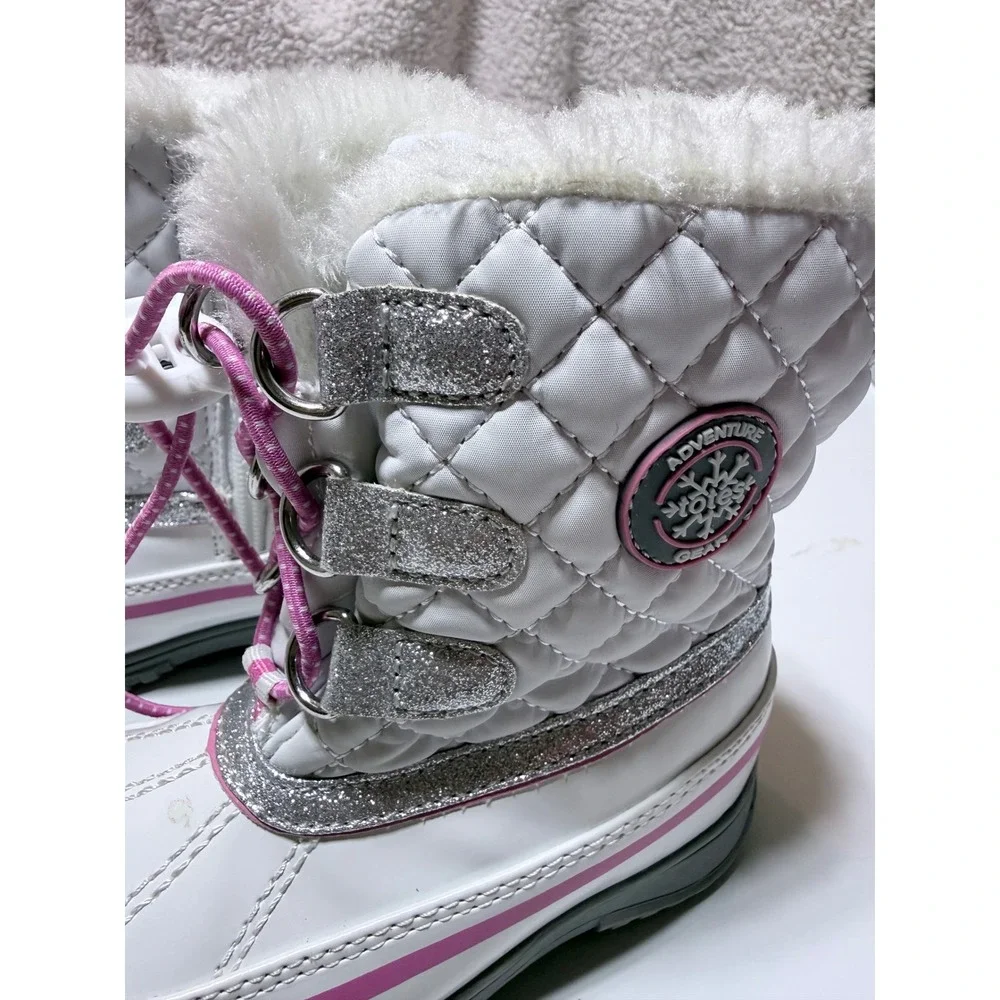 Totes Kids Star White Quilted Snow Boots Pink Glitter Faux Fur Size 8 Toddler
